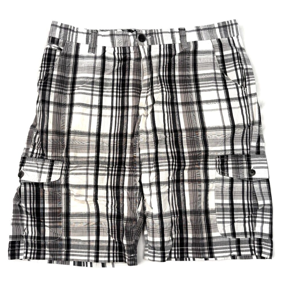 Age of Wisdom Men’s 36 Plaid Cargo Shorts Black Gray White Cotton Casual Pockets